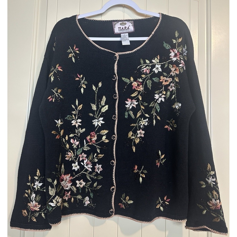 Vtg Tiara International Cardigan Black Sweater Embroidered Floral M Cottagecore